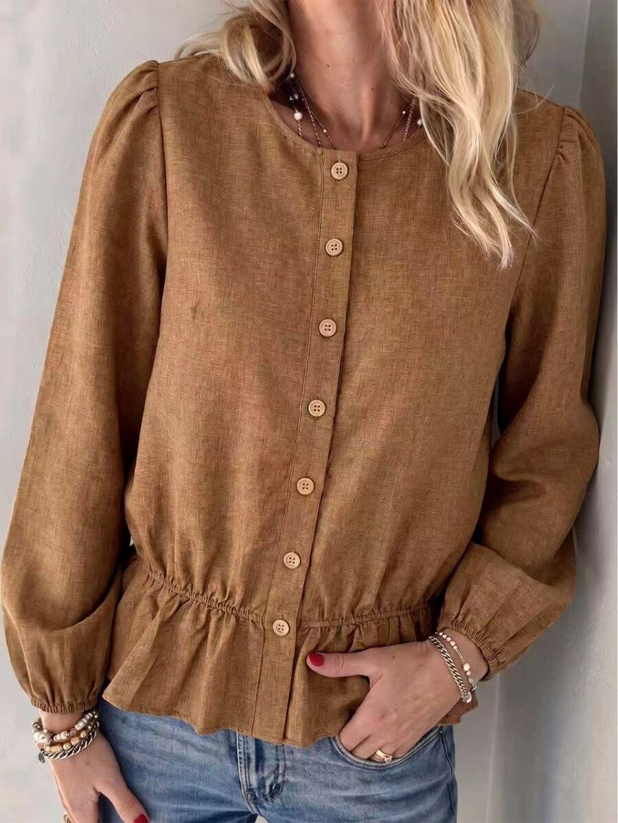 Yunfilé Lantern Sleeve Ruffle Hem Top - Brown - View 1