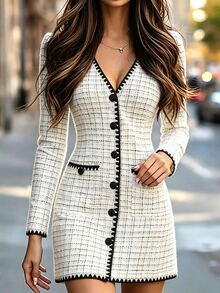 Balvessa Women's Autumn/Winter New Elegant Commute Tweed A-Line Long Sleeve Short Dress - Apricot - View 5
