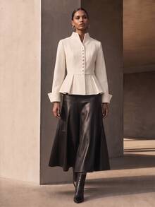 Vesra V-Neck Single-Breasted Cinched Waist Ruffle Long Sleeve Elegant Short Overcoat For Women - Beige - View 4