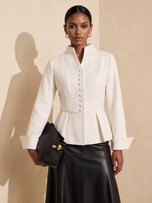 Vesra V-Neck Single-Breasted Cinched Waist Ruffle Long Sleeve Elegant Short Overcoat For Women - Beige - View 5