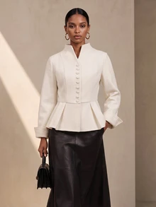 Vesra V-Neck Single-Breasted Cinched Waist Ruffle Long Sleeve Elegant Short Overcoat For Women - Beige - View 7