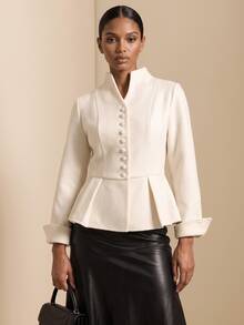 Vesra V-Neck Single-Breasted Cinched Waist Ruffle Long Sleeve Elegant Short Overcoat For Women - Beige - View 6