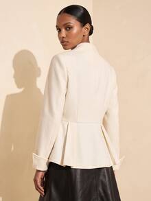 Vesra V-Neck Single-Breasted Cinched Waist Ruffle Long Sleeve Elegant Short Overcoat For Women - Beige - View 2