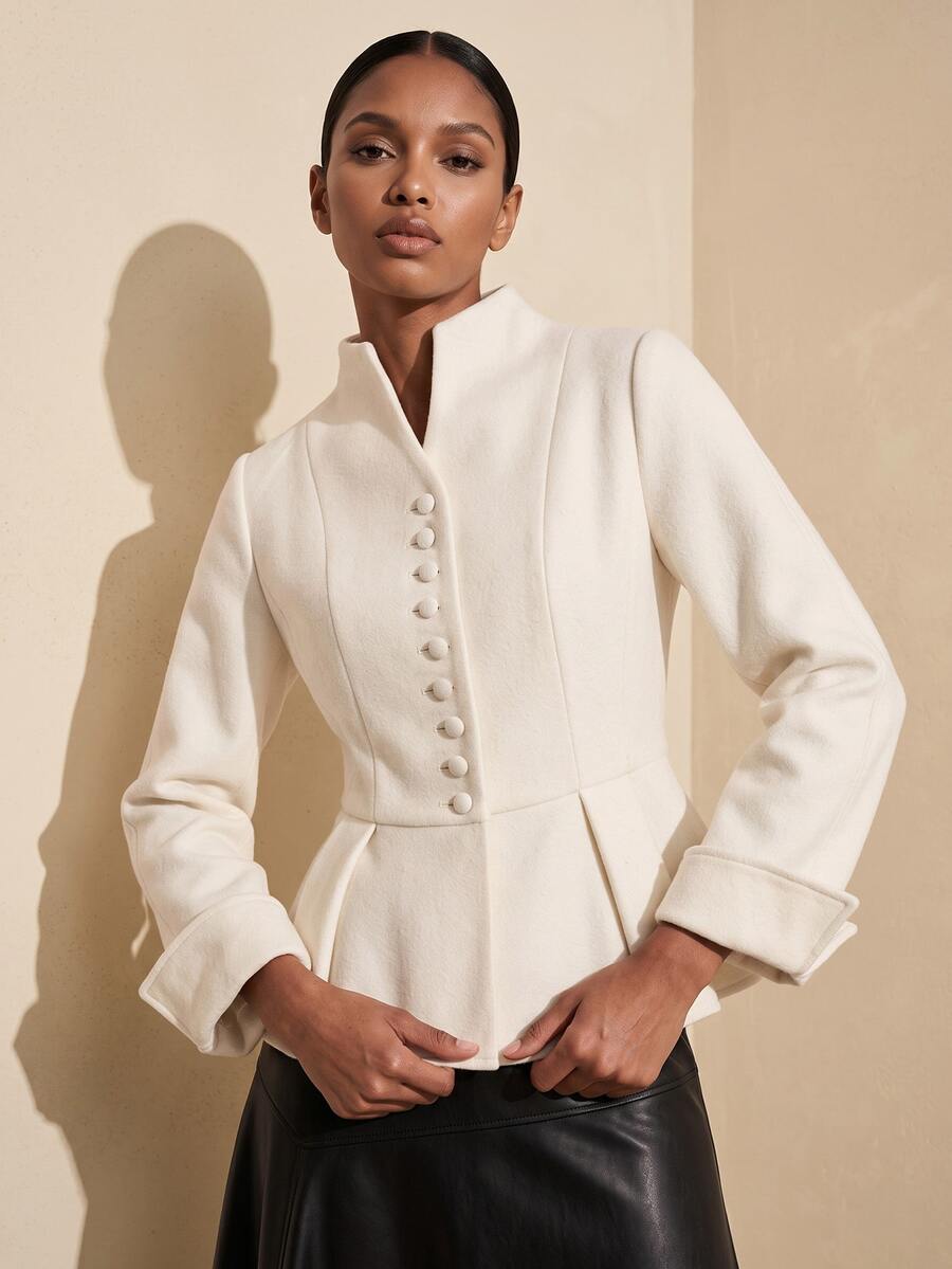 Vesra V-Neck Single-Breasted Cinched Waist Ruffle Long Sleeve Elegant Short Overcoat For Women - Beige - View 1