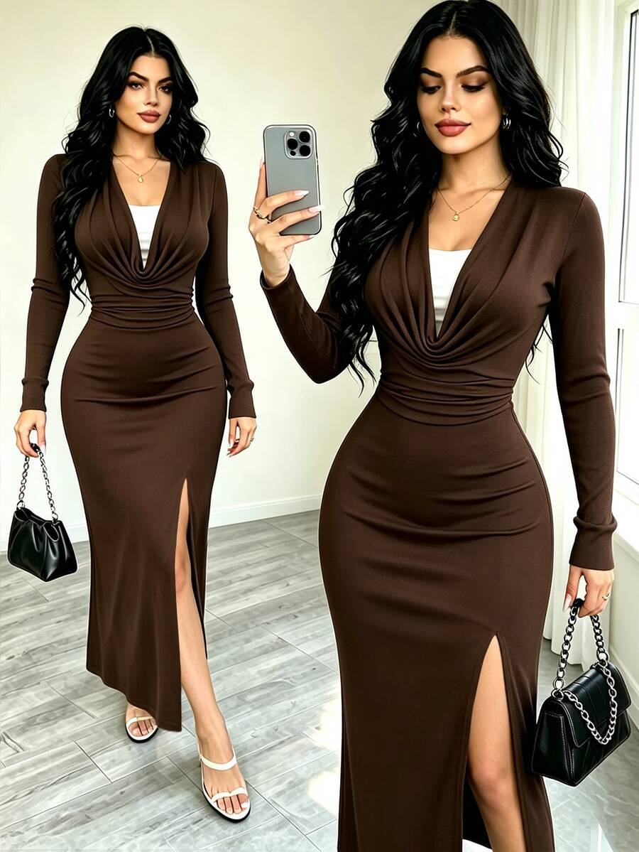 SHEIN Clasi Gaun 2 in 1 dengan Kerah Berlipat dan Belahan Paha - Coklat - View 1