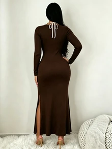 SHEIN Clasi Gaun 2 in 1 dengan Kerah Berlipat dan Belahan Paha - Coklat - View 2