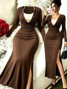 SHEIN Clasi Gaun 2 in 1 dengan Kerah Berlipat dan Belahan Paha - Coklat - View 4