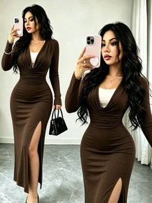 SHEIN Clasi Gaun 2 in 1 dengan Kerah Berlipat dan Belahan Paha - Coklat - View 3