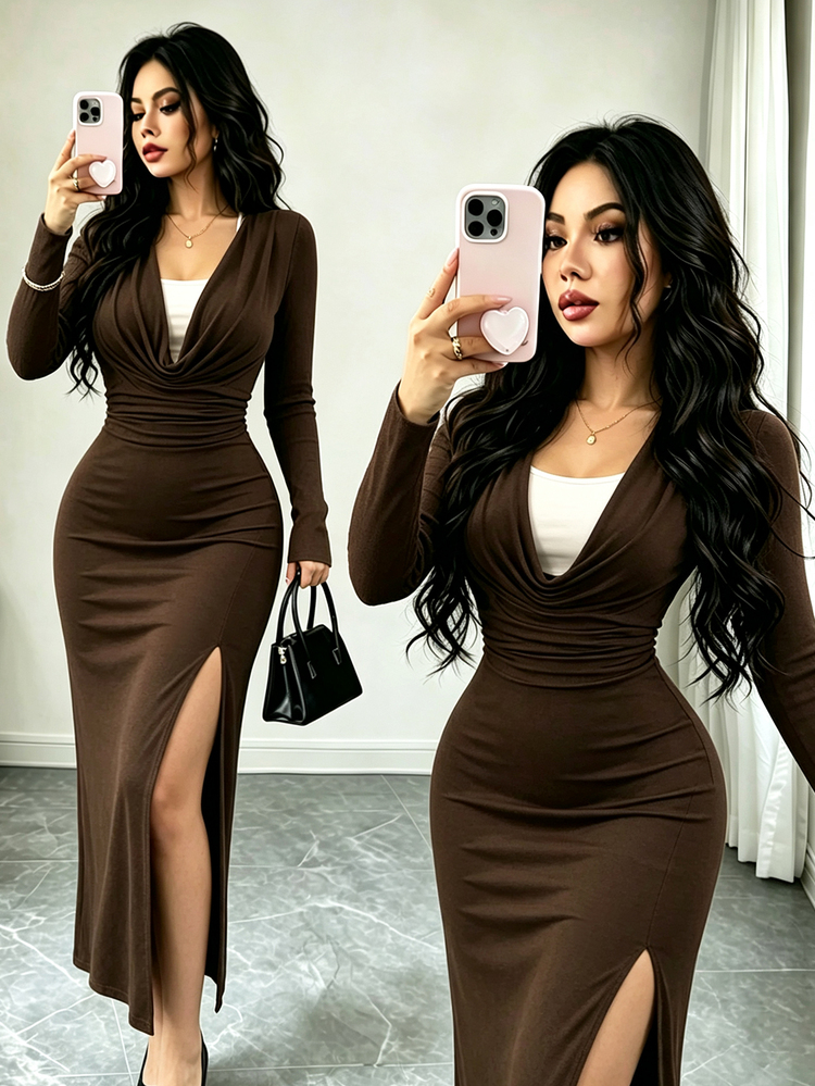 SHEIN Clasi 垂領開衩大腿 2 合 1 連身裙 - 棕色 - 查看 3