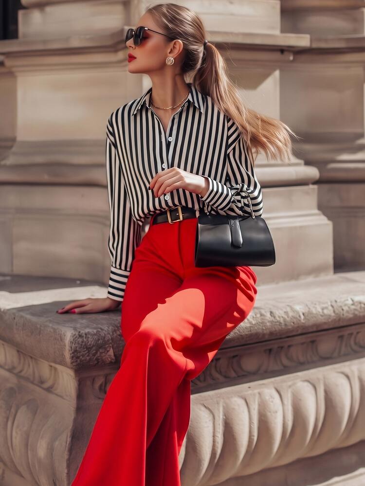 Airaco Women's Striped Shirt And Red Pants Office Outfit - Multicolor - View 6
