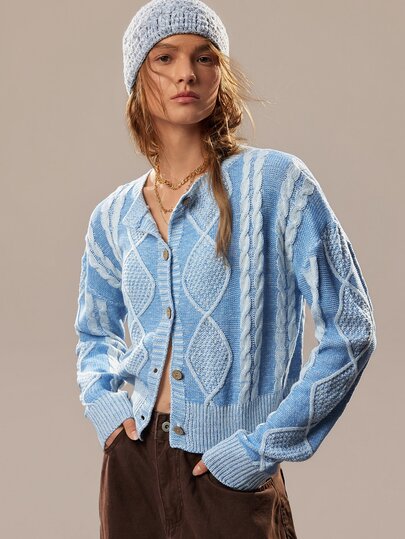 SHEIN Women's Round Neck Lazy Long Sleeve Cardigan, Casual Knitted Autumn/Winter Open Front Sweater, Autumn/Winter Denim Effect Blue And White Contrast Color Loose Fashionable Versatile Argyle Twisted Rope Long Sleeve Cardigan