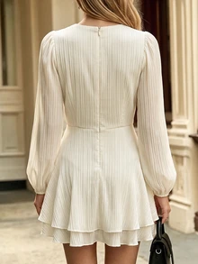 SHEIN PariChic Women's Fall Cream V-Neck Puff Sleeve Waisted Mini Dress, Deep V Wrap Ruched Layered Flounce Skirt, Elegant Occasion Wear For Daily Date Party Dinner - Apricot - View 2