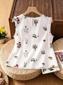 SHEIN Women's White Floral Summer Casual Tea Party Top,Sleeveless Round Neck Ruffle Hem Embossed Print Versatile Outing Vacation Y2K Top - White - View 2
