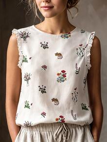 SHEIN Women's White Floral Summer Casual Tea Party Top,Sleeveless Round Neck Ruffle Hem Embossed Print Versatile Outing Vacation Y2K Top - White - View 1