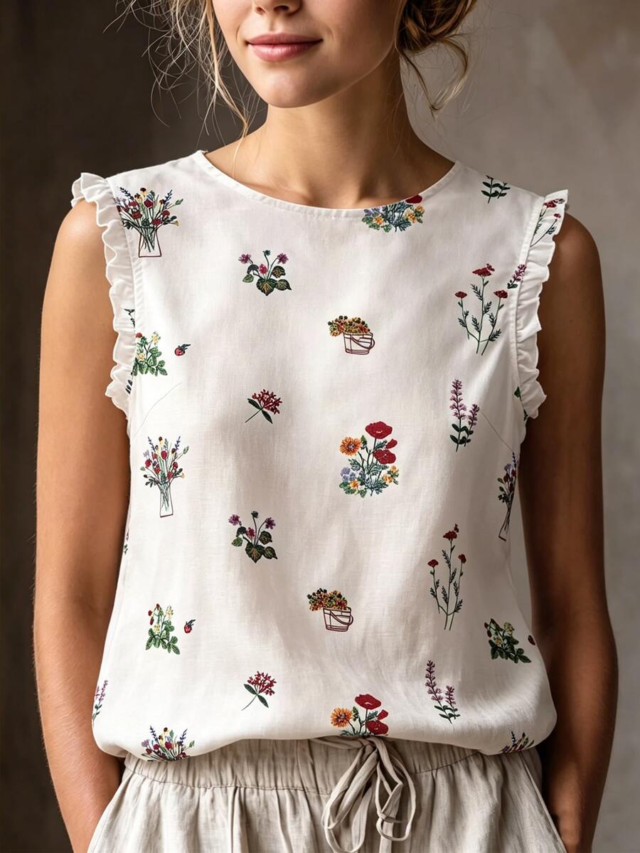 SHEIN Women's White Floral Summer Casual Tea Party Top,Sleeveless Round Neck Ruffle Hem Embossed Print Versatile Outing Vacation Y2K Top - White - View 1