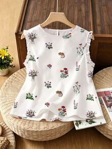 SHEIN Women's White Floral Summer Casual Tea Party Top,Sleeveless Round Neck Ruffle Hem Embossed Print Versatile Outing Vacation Y2K Top - White - View 4