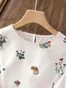 SHEIN Women's White Floral Summer Casual Tea Party Top,Sleeveless Round Neck Ruffle Hem Embossed Print Versatile Outing Vacation Y2K Top - White - View 6