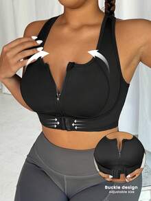 SHEIN Sports Plus Size High Impact Front Closure Adjustable Sports Bra - Black - View 1
