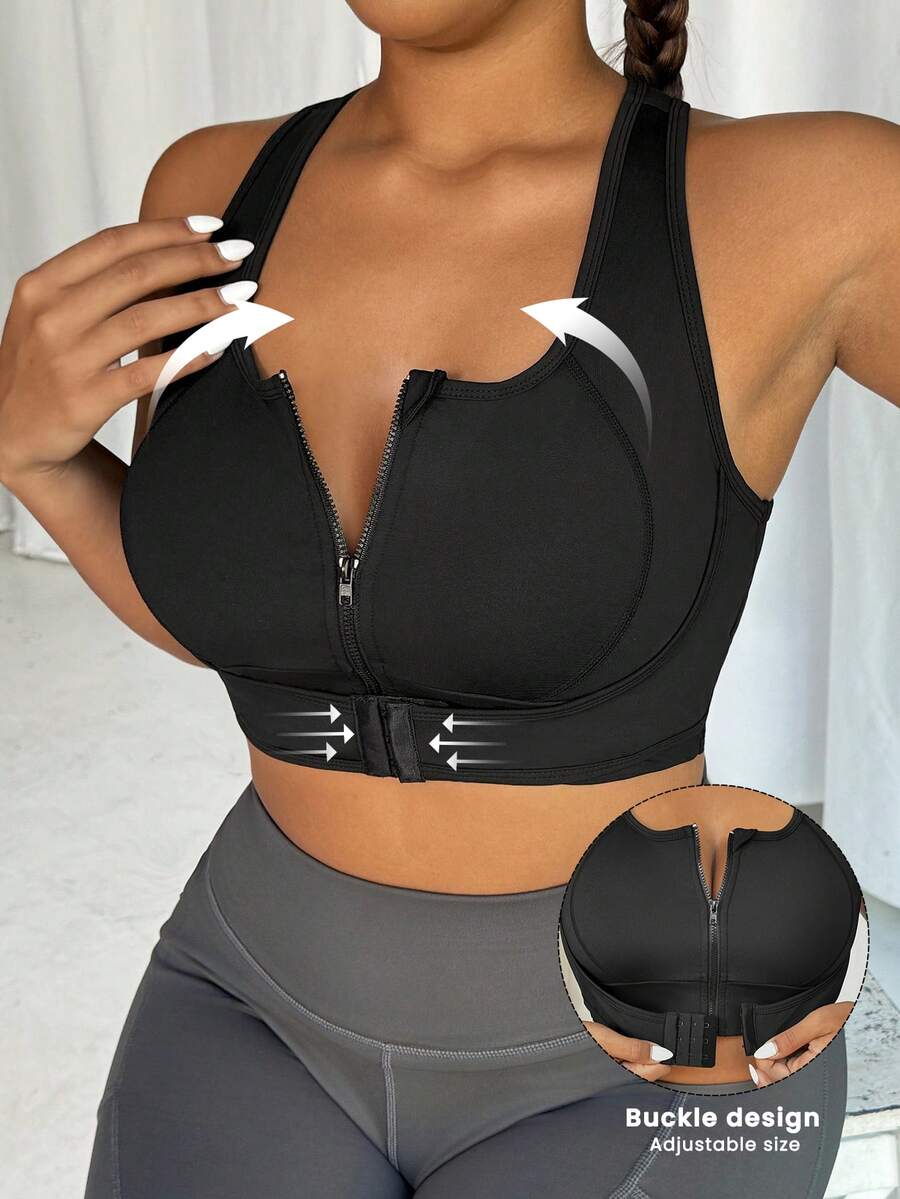SHEIN Sports Plus Size High Impact Front Closure Adjustable Sports Bra - Black - View 1