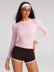 Dewbera Dewbera Kaos Olahraga Kasual Lengan Panjang Raglan Warna Polos untuk Wanita - Berwarna merah muda - View 4
