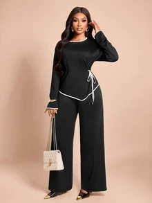 Brilight Contrast Trim Side Drawstring Long Sleeve Top Wide Leg Pants 2 Pieces Outfit Loose Casual Elegant Loungewea Brunch Tea Party Black Autumn - Black - View 7