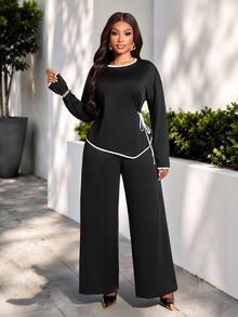 Brilight Contrast Trim Side Drawstring Long Sleeve Top Wide Leg Pants 2 Pieces Outfit Loose Casual Elegant Loungewea Brunch Tea Party Black Autumn - Black - View 1