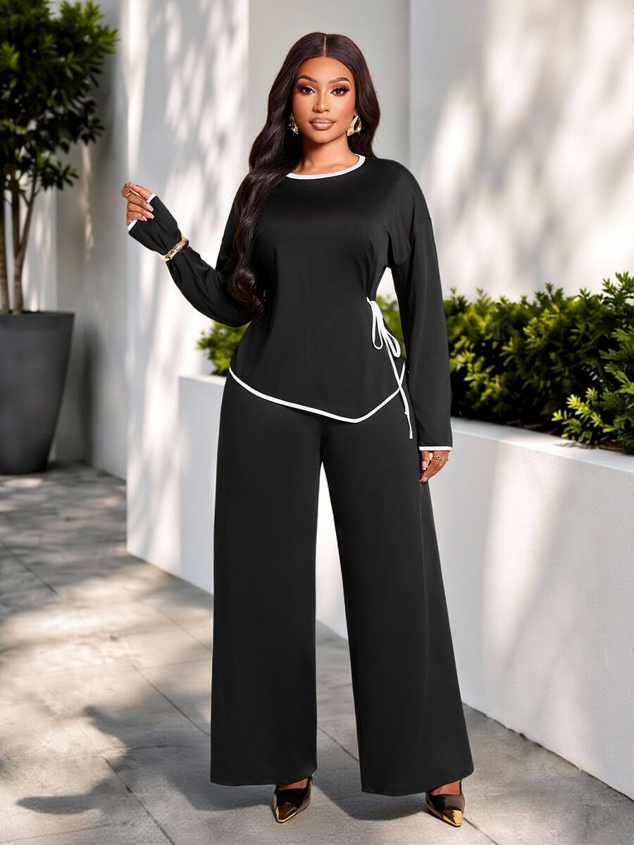Brilight Contrast Trim Side Drawstring Long Sleeve Top Wide Leg Pants 2 Pieces Outfit Loose Casual Elegant Loungewea Brunch Tea Party Black Autumn - Black - View 1
