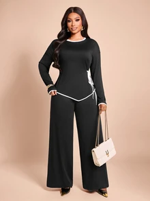 Brilight Contrast Trim Side Drawstring Long Sleeve Top Wide Leg Pants 2 Pieces Outfit Loose Casual Elegant Loungewea Brunch Tea Party Black Autumn - Black - View 6