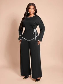 Brilight Contrast Trim Side Drawstring Long Sleeve Top Wide Leg Pants 2 Pieces Outfit Loose Casual Elegant Loungewea Brunch Tea Party Black Autumn - Black - View 10