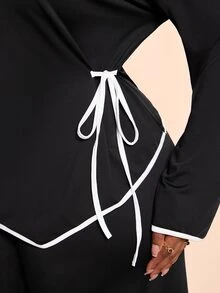 Brilight Contrast Trim Side Drawstring Long Sleeve Top Wide Leg Pants 2 Pieces Outfit Loose Casual Elegant Loungewea Brunch Tea Party Black Autumn - Black - View 5