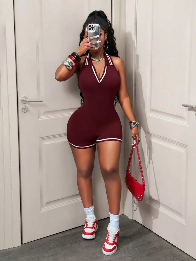BamGleam Women's Sexy Halter Neck Backless Side Seam Fitted Jumpsuit Everyday Daytime Burgundy Summer - Burgundy - View 5