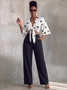 SHEIN Cardigan Liburan Wanita Motif Polkadot Prancis dengan Tali Depan - Hitam dan Putih - View 5
