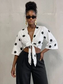 SHEIN Cardigan Liburan Wanita Motif Polkadot Prancis dengan Tali Depan - Hitam dan Putih - View 7