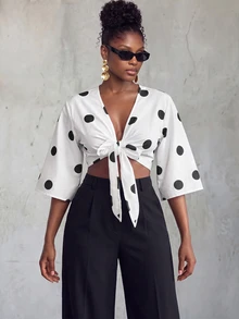 SHEIN Cardigan Liburan Wanita Motif Polkadot Prancis dengan Tali Depan - Hitam dan Putih - View 3