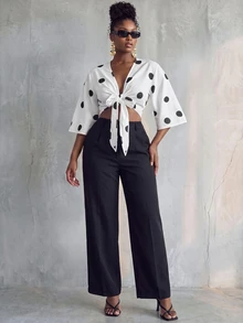 SHEIN Cardigan Liburan Wanita Motif Polkadot Prancis dengan Tali Depan - Hitam dan Putih - View 6