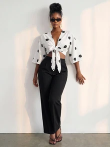 SHEIN Cardigan Liburan Wanita Motif Polkadot Prancis dengan Tali Depan - Hitam dan Putih - View 2