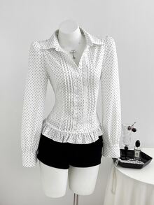 Elamini 2026 Fall New Arrival Women's Blouse For Office & Dates, Elegant White Polka Dot Ruffle Hem Top - White - View 5