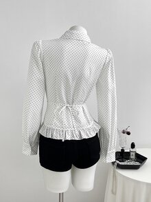 Elamini 2026 Fall New Arrival Women's Blouse For Office & Dates, Elegant White Polka Dot Ruffle Hem Top - White - View 2