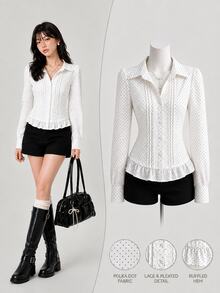 Elamini 2026 Fall New Arrival Women's Blouse For Office & Dates, Elegant White Polka Dot Ruffle Hem Top - White - View 1
