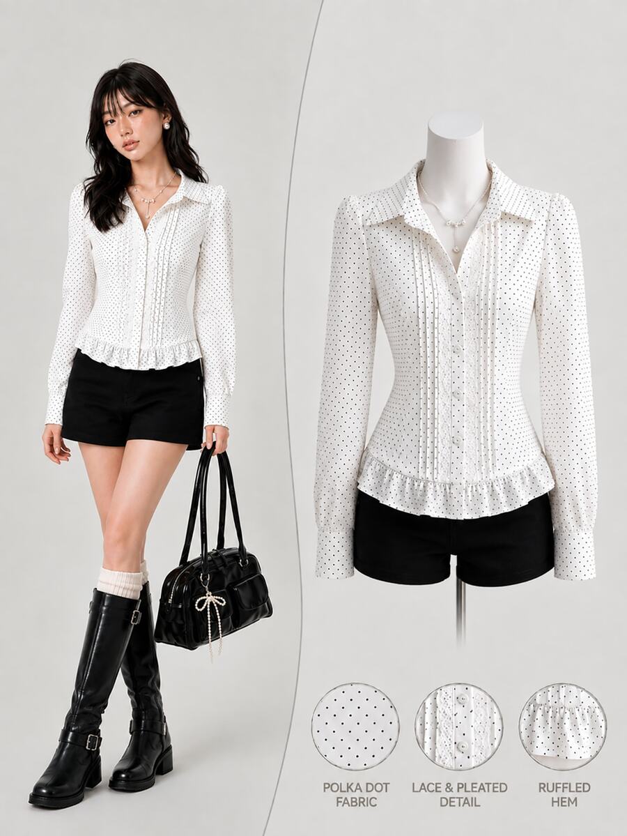 Elamini 2026 Fall New Arrival Women's Blouse For Office & Dates, Elegant White Polka Dot Ruffle Hem Top - White - View 1