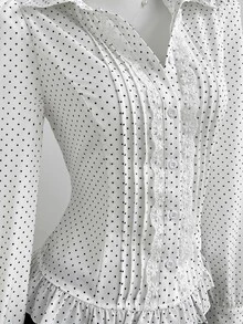 Elamini 2026 Fall New Arrival Women's Blouse For Office & Dates, Elegant White Polka Dot Ruffle Hem Top - White - View 6