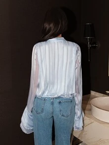 Allurite Light Blue Chiffon Vertical Striped Ribbon Stand Collar Flared Sleeve Short Cover Up, French Gentle Commute Going Out Night Out Vacation Summer Sexy - Baby Blue - View 2