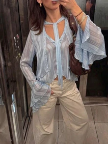 Allurite Light Blue Chiffon Vertical Striped Ribbon Stand Collar Flared Sleeve Short Cover Up, French Gentle Commute Going Out Night Out Vacation Summer Sexy - Baby Blue - View 3