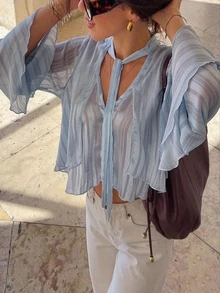 Allurite Light Blue Chiffon Vertical Striped Ribbon Stand Collar Flared Sleeve Short Cover Up, French Gentle Commute Going Out Night Out Vacation Summer Sexy - Baby Blue - View 7