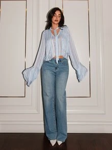 Allurite Light Blue Chiffon Vertical Striped Ribbon Stand Collar Flared Sleeve Short Cover Up, French Gentle Commute Going Out Night Out Vacation Summer Sexy - Baby Blue - View 5