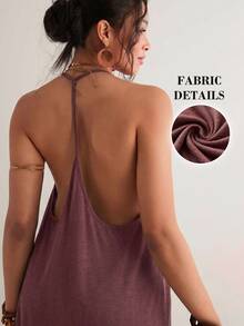 Freevana Plus Size Women Solid Color Casual Halter Loose Dress - Burgundy - View 7