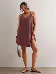 Freevana Plus Size Women Solid Color Casual Halter Loose Dress - Burgundy - View 5