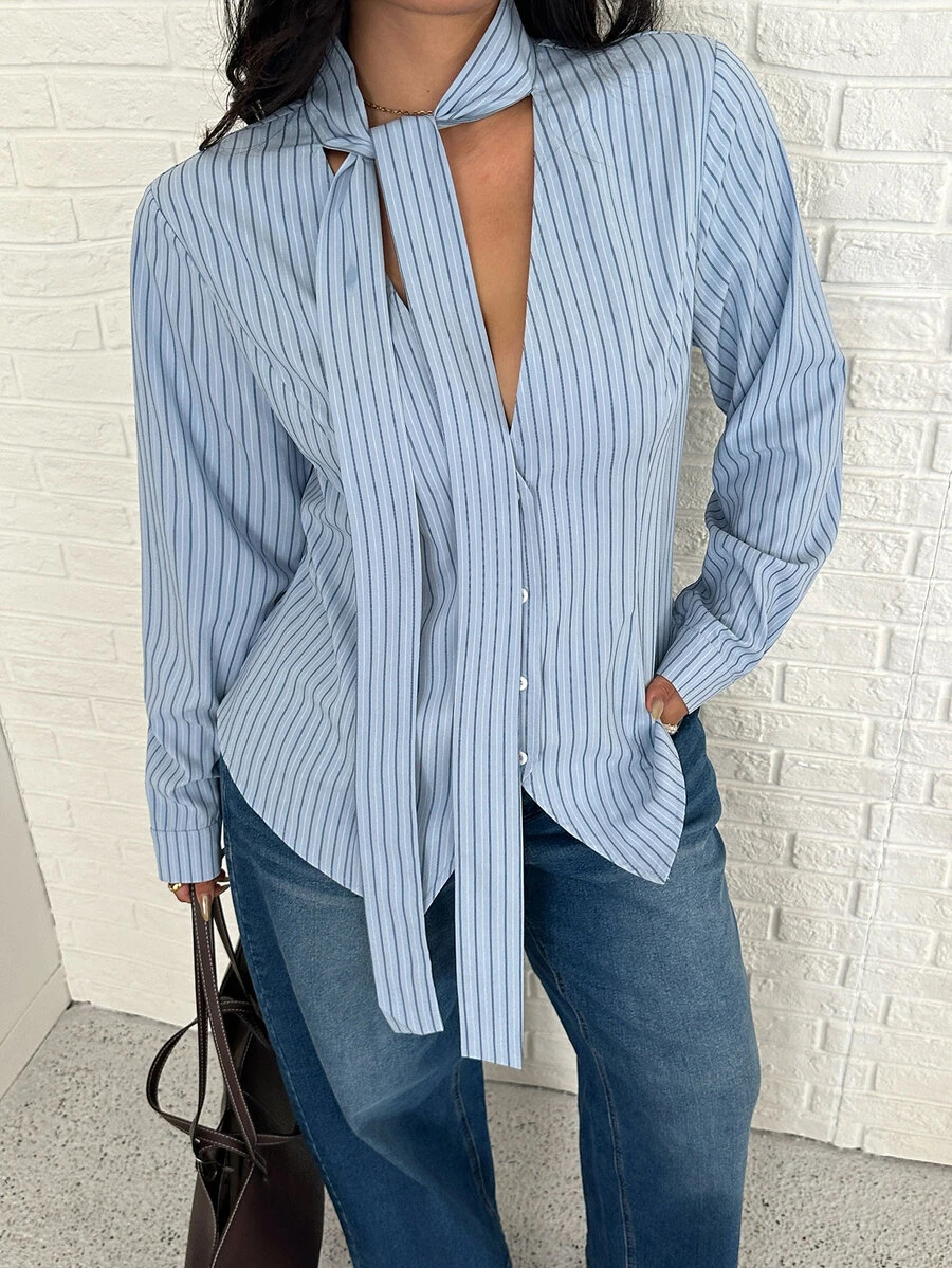 GalTyme Plus Size Autumn Elegant Commute Striped Collar Tie Blouse Fall - Multicolor - View 1