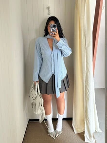 GalTyme Plus Size Autumn Elegant Commute Striped Collar Tie Blouse Fall - Multicolor - View 4