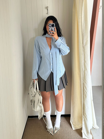 GalTyme Plus Size Autumn Elegant Smart Casual Business Casual Commute Striped Collar Tie Blouse Fall Brunch Office Formal Date Night Light Blue